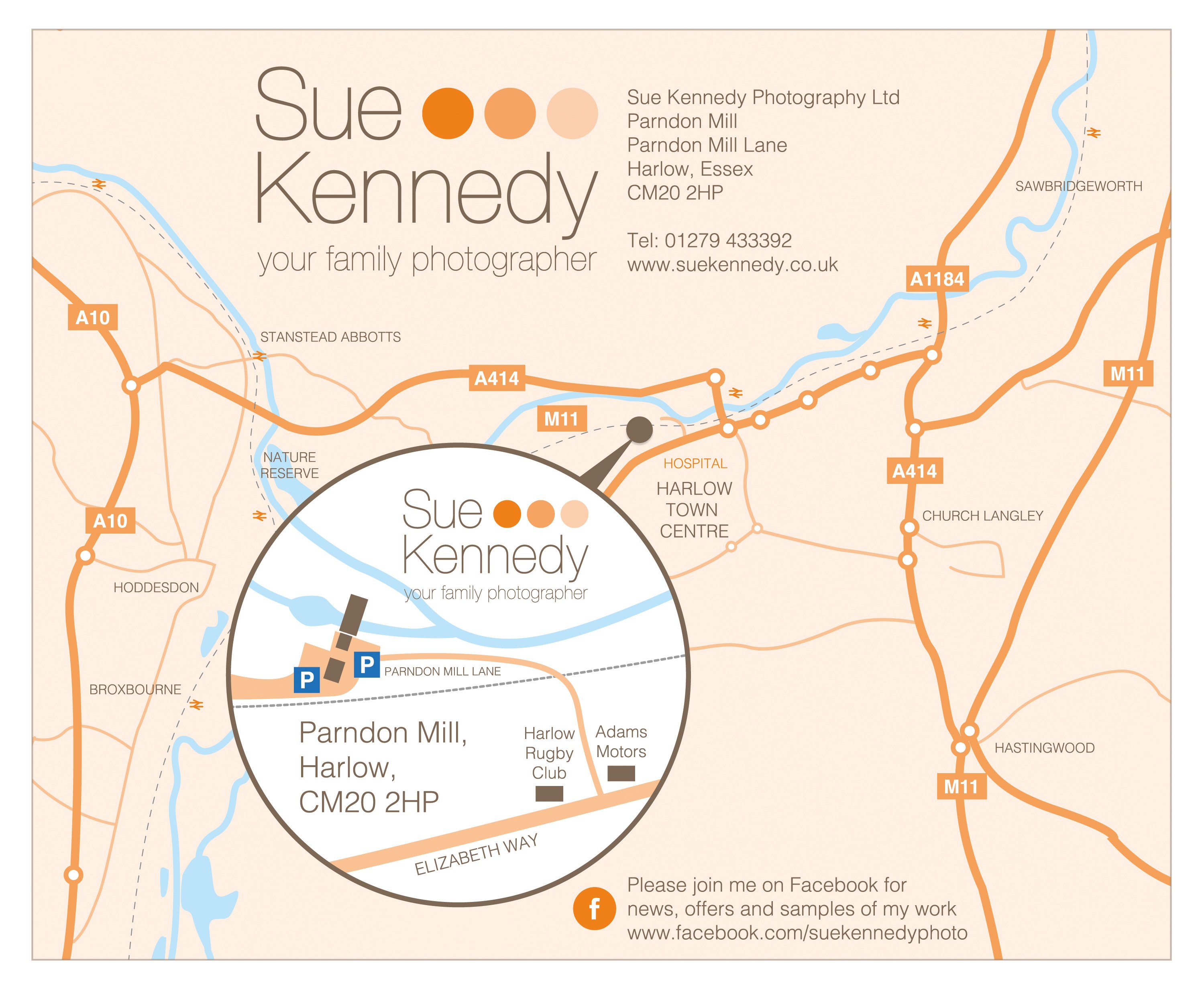 Sat Nav: CM20 2HP Map of directions to Sue Kennedy Photography at Parndon Mill, Harlow, Essex, CM20 2HP