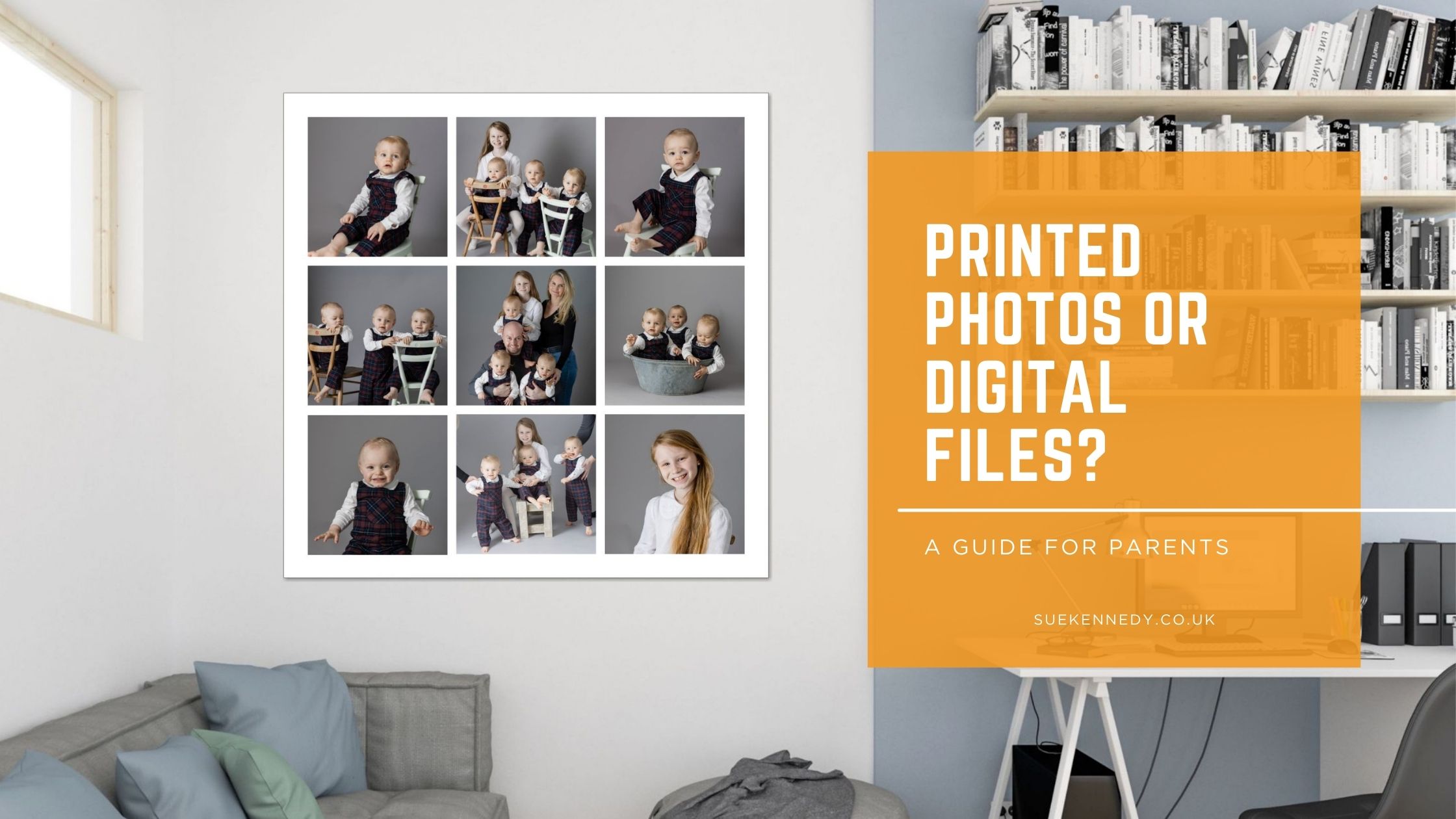 Printed photos or digital files for parents, illustrated with framed baby and child portraits displayed as wall artwork in a home.