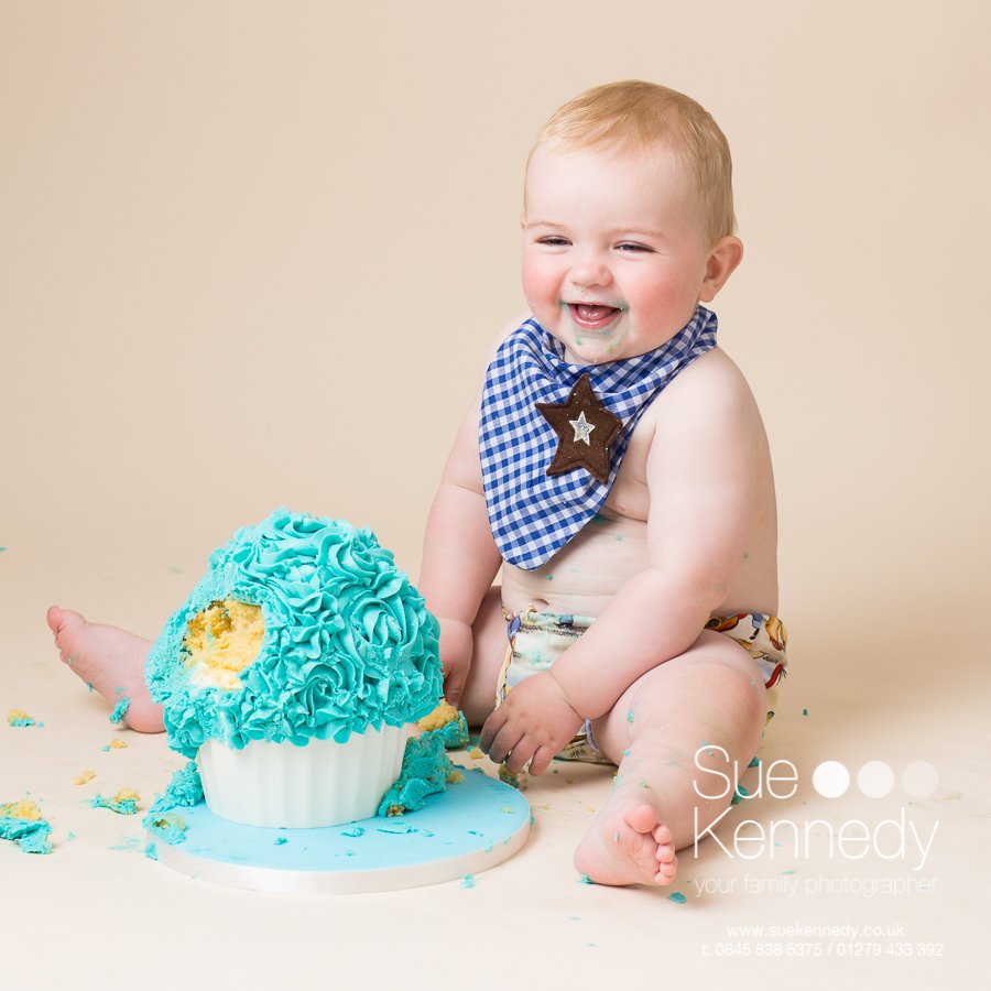 Baby boy celebrating his first birthday say looking to camera with a wooden play cake next to him.