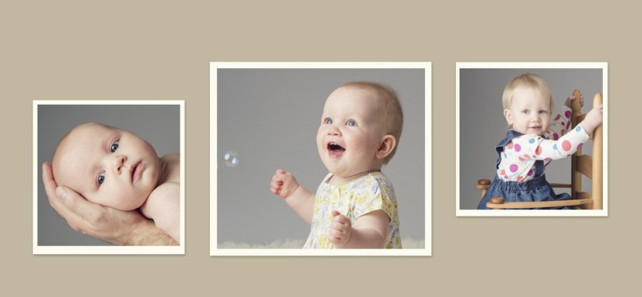 Three baby portraits at different ages - at 4 months resting in Dad’s hands, a smiling baby sitting independently, and a one-year-old exploring a wooden chair - photographed at Sue Kennedy Photography in Harlow, Essex.