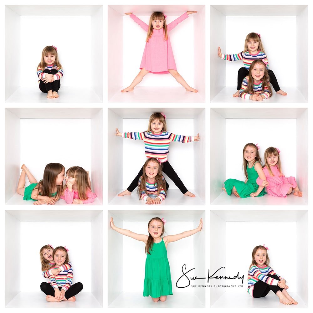 white box montage of 2 sisters in bright colours