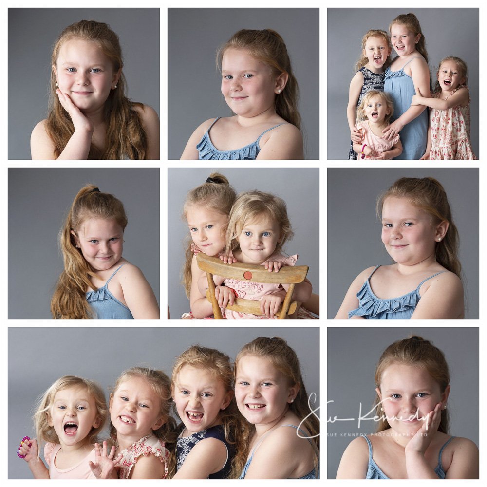 Montage of 8 photographs of four sisters from Bishop's Stortford to mark one girl's birthday.