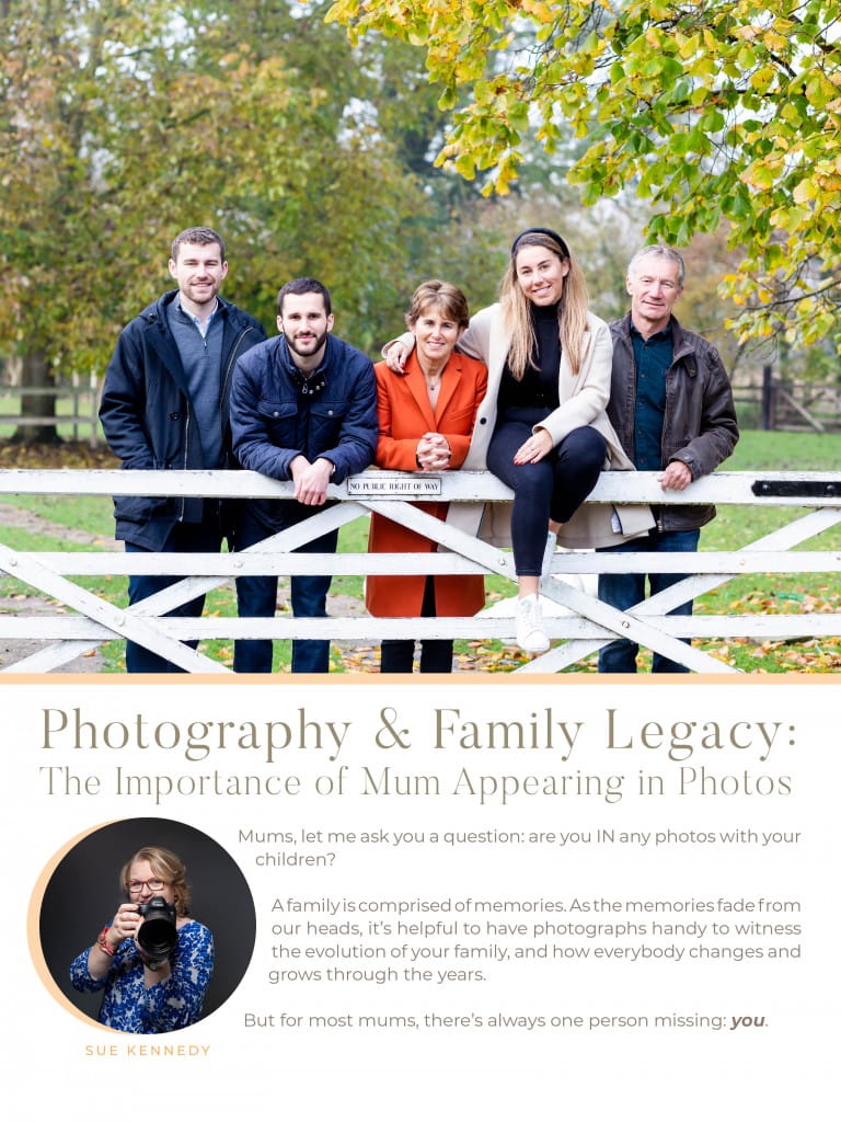 Realxed family photograph - two generations by a garden gate with autumn colours in the background, capturing the love and connection between the family members.