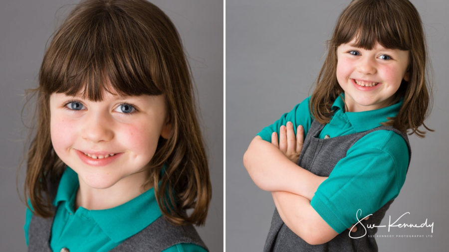 example of professional photos taken in studio of child in school uniform