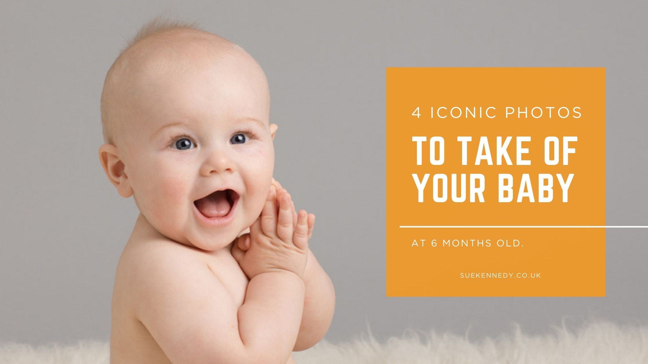 Happy 6-month-old baby with genuine smile during professional portrait session at Sue Kennedy Photography studio in Harlow Essex