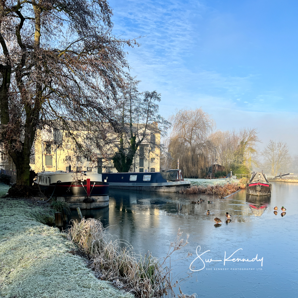 river view of Parndon Mill, Harlow, Essex on a frosty winters morning