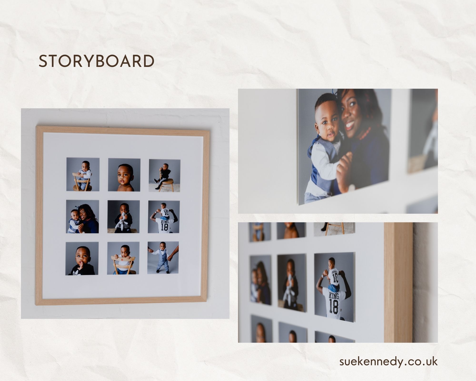 montage of products shots for the storyboard frame with 9 square photo prints in of a family from a photography session
