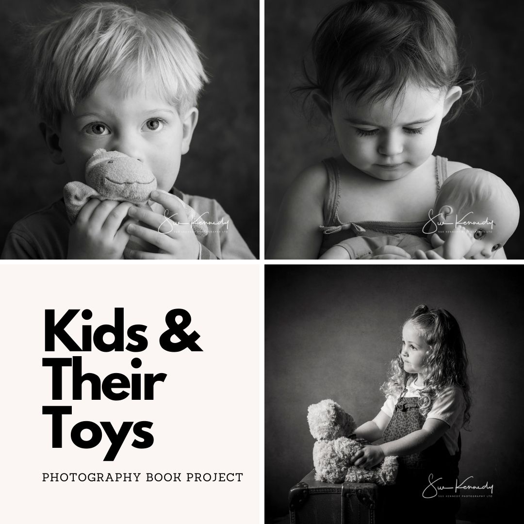 Graphic for the kids and their toys book project showing three B&W photos