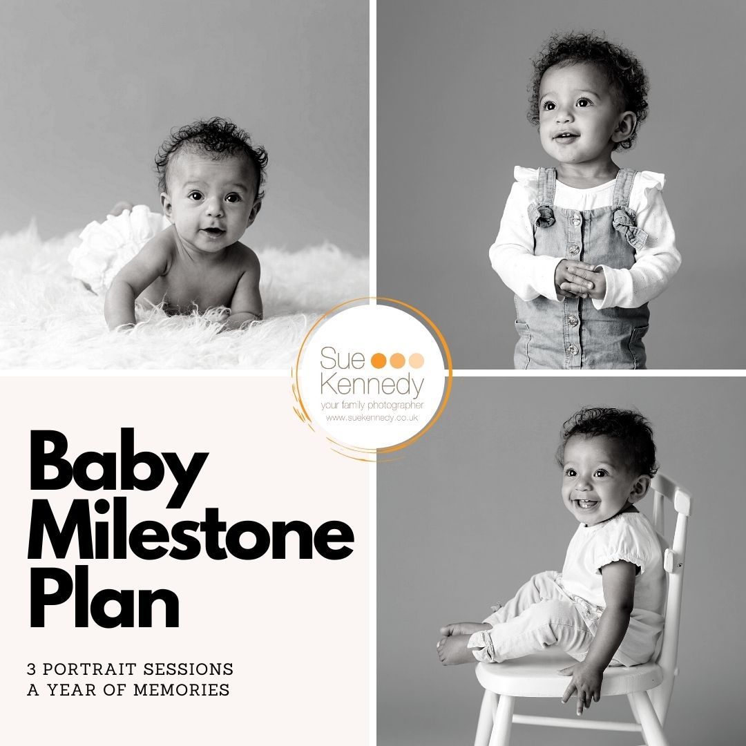 graphic for the baby milestone plan showing the same child as a baby pushing up, sitting and standing
