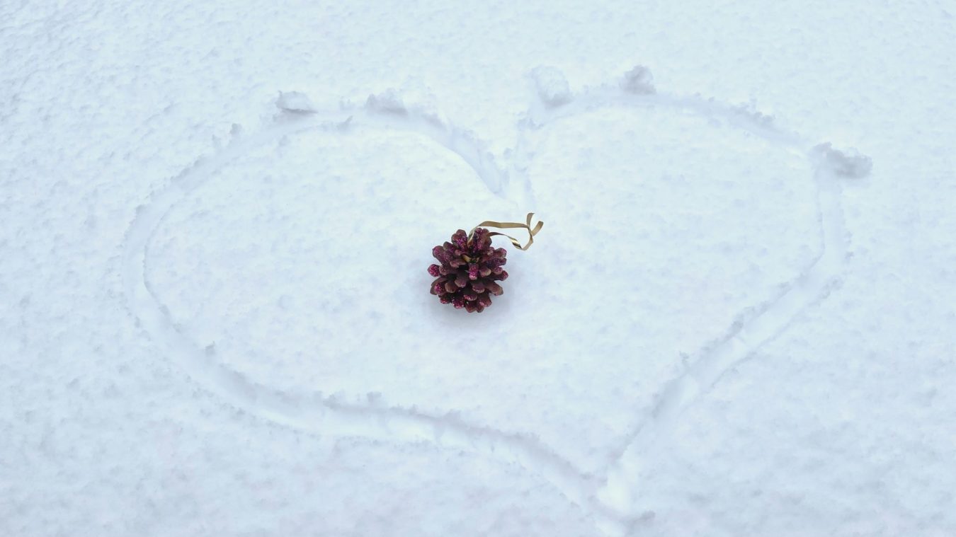 A glittery pinecone from the Christmas tree rests on a heart drawn in the snow outside.
