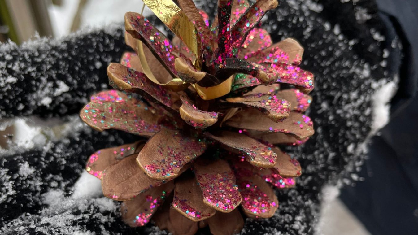 a pink glittery pinecone held on a child's snowy-covered gloved had.