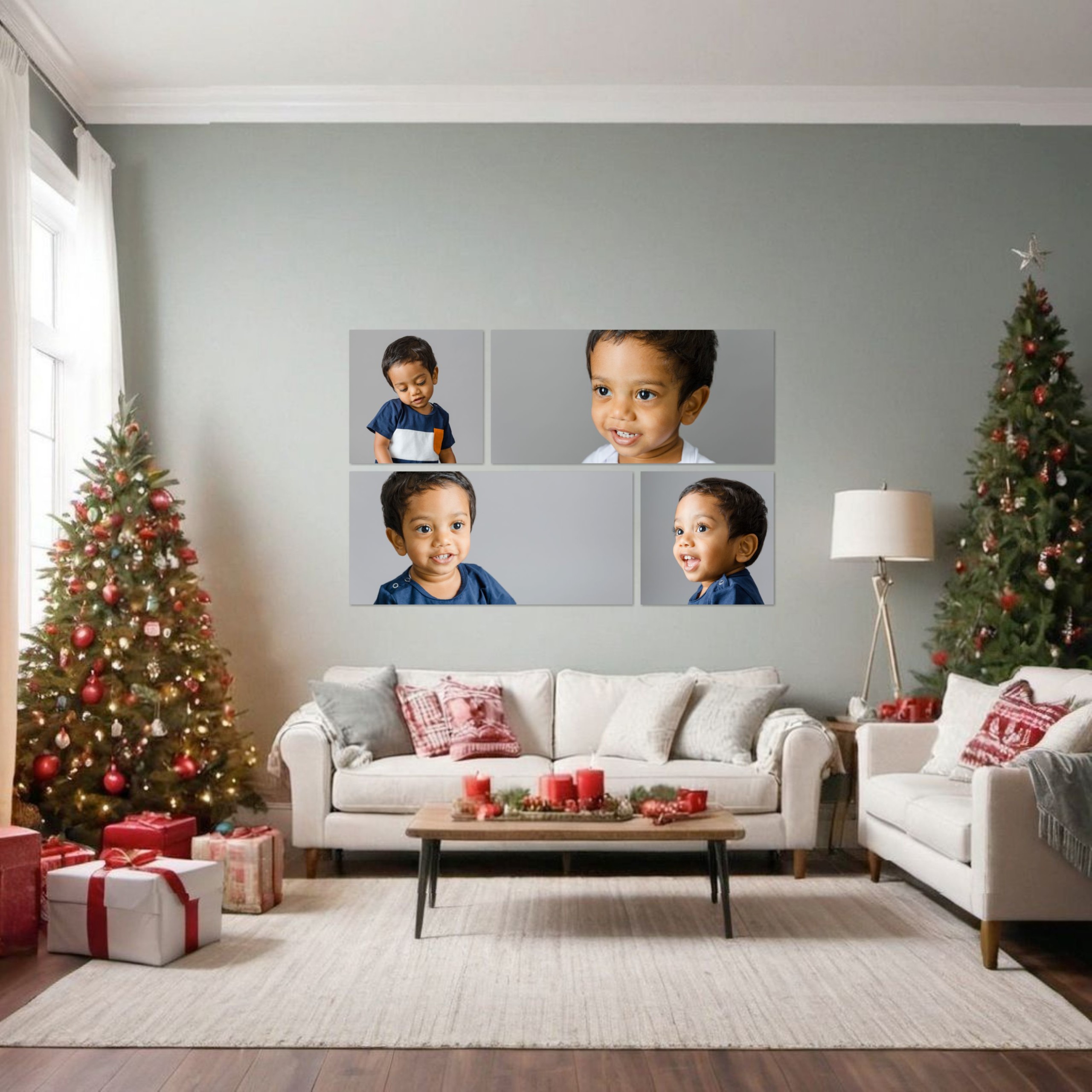 Modern living room decorated for Christmas with a wall display of four child portraits above a sofa. The portraits were created by Sue Kennedy Photography, Harlow, Essex.