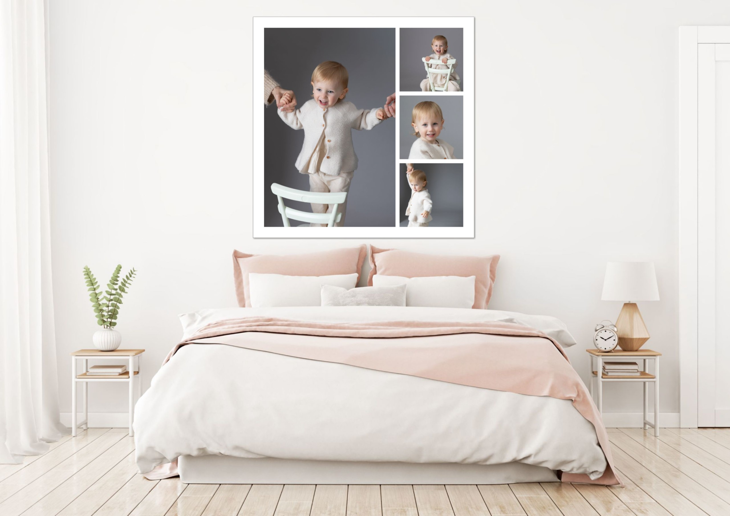 Modern storyboard canvas featuring multiple toddler portraits displayed above a bed in a light, contemporary bedroom — Sue Kennedy Photography, Harlow, Essex. A single canvas showcasing several coordinated portraits in one elegant design.