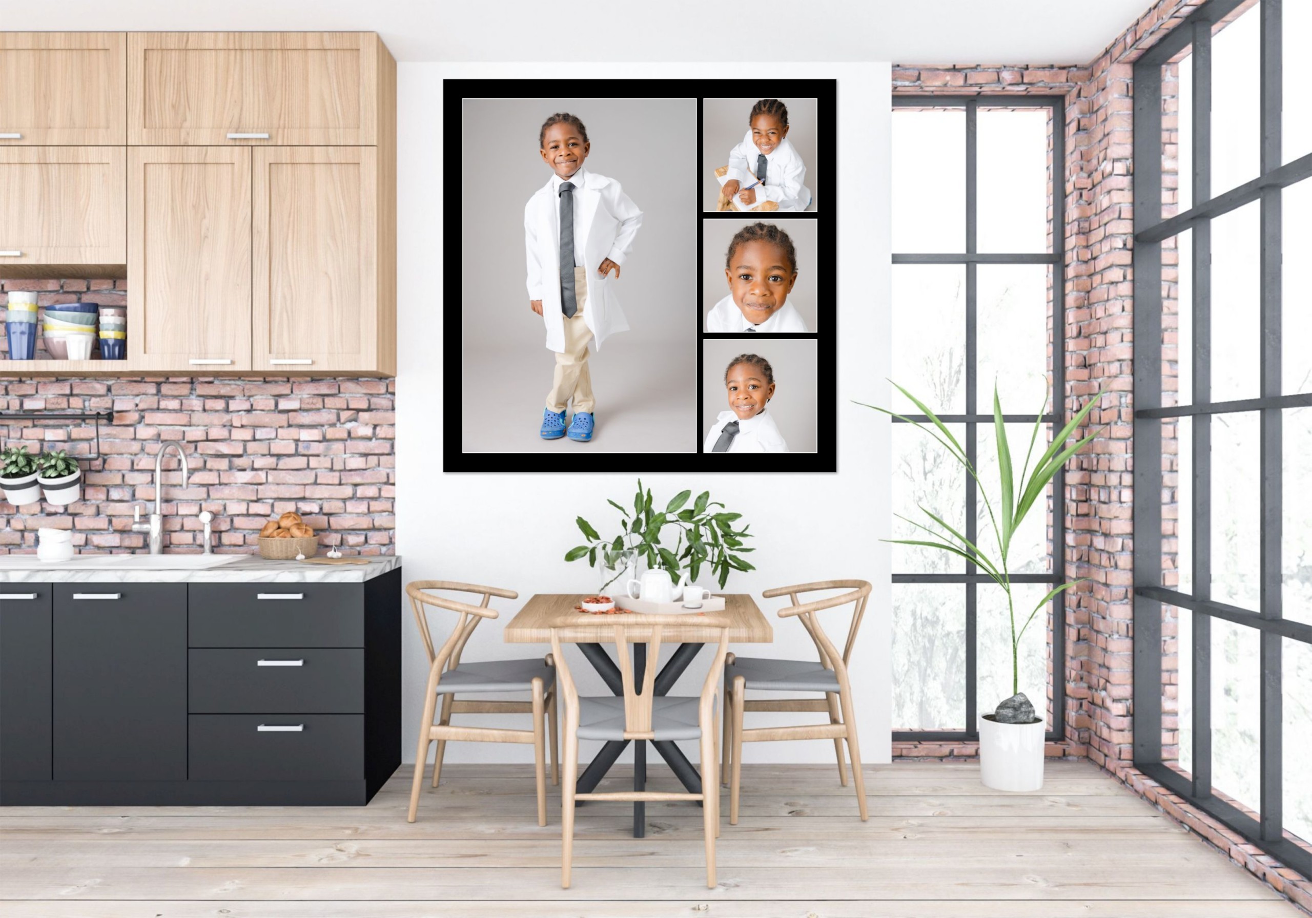 Contemporary storyboard wall art featuring multiple portraits of a young boy, displayed as one sleek canvas in a modern kitchen-diner — Sue Kennedy Photography, Harlow, Essex. A streamlined way to showcase a collection of portraits together.