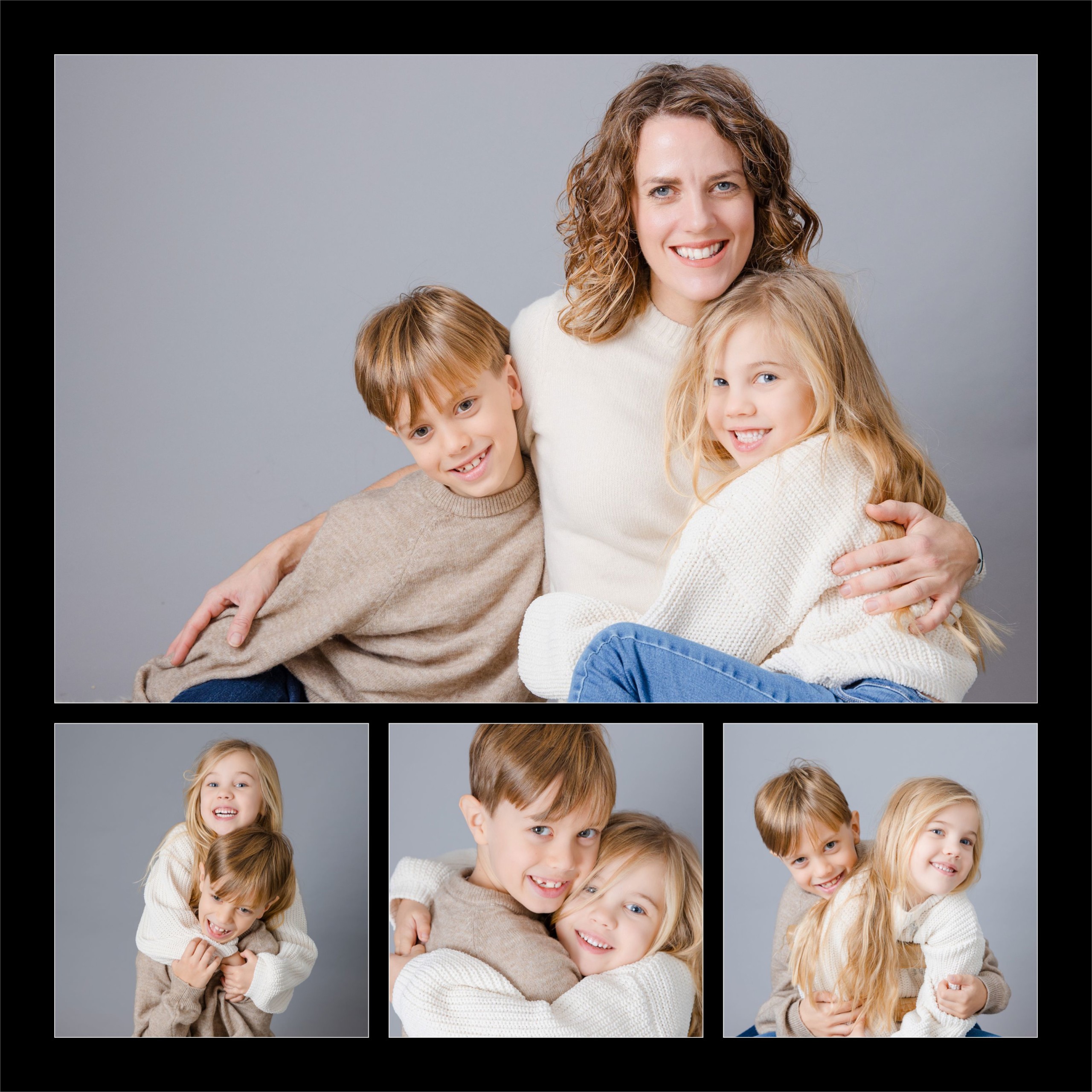 A four-image family portrait storyboard showing a parent with two children and close-up sibling moments in a studio setting.