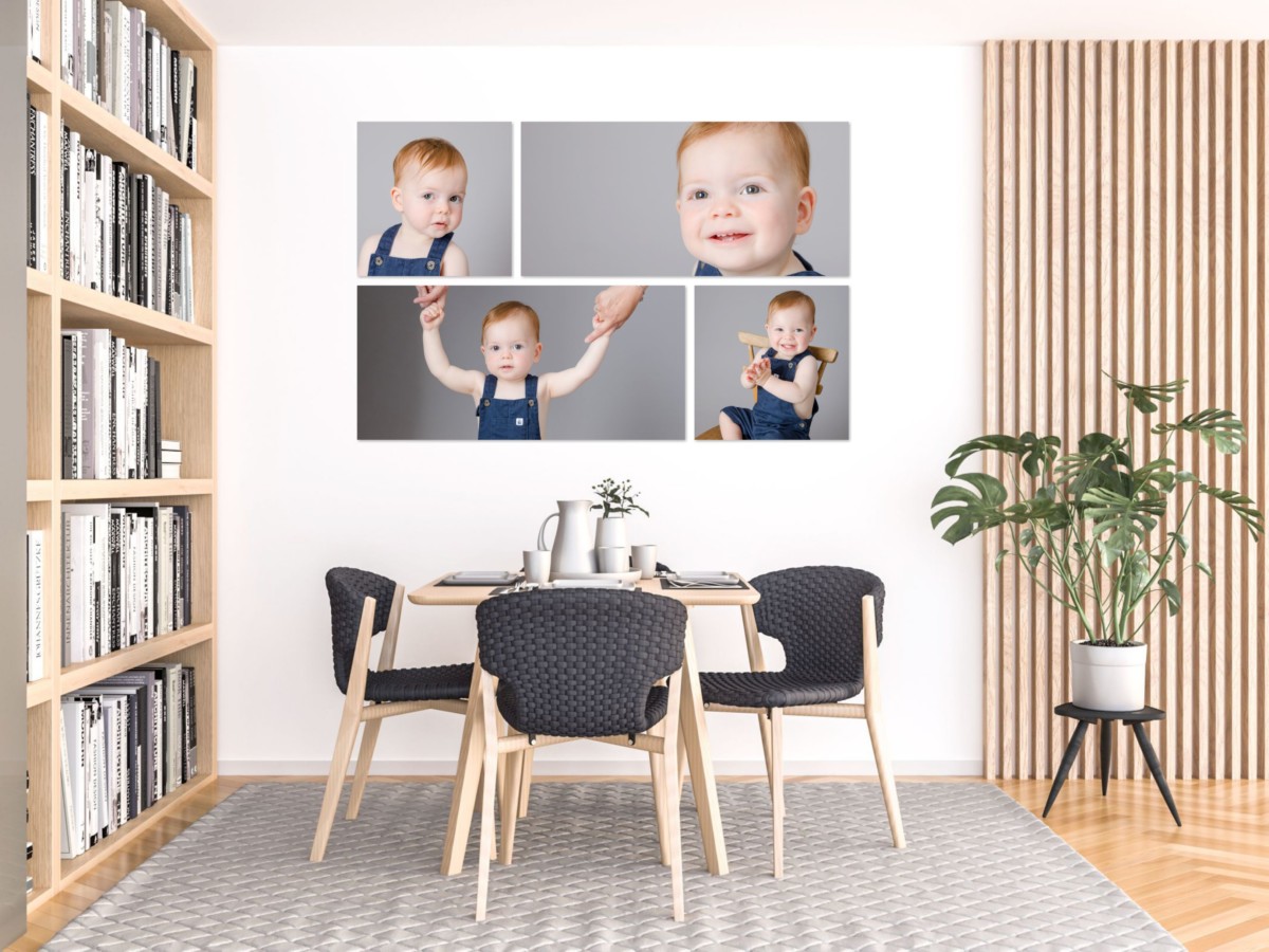 Curated wall collection of portraits printed on individual canvases and displayed together as one coordinated layout in a modern dining room - Sue Kennedy Photography, Harlow, Essex. A contemporary wall art design planned as a single display.