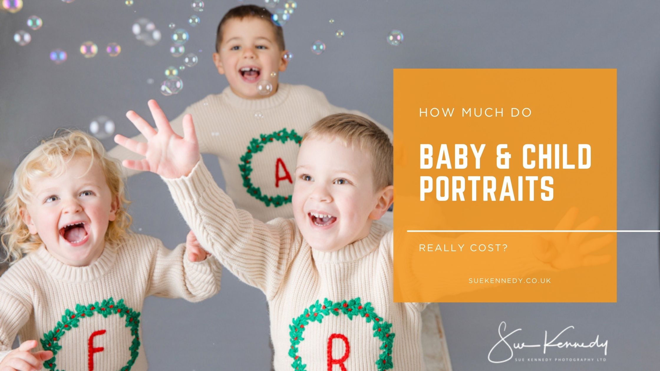 a blog header image with three young boys chasing bubbles in the studio against a grey backdrop with a text overlay saying 'how much does baby and child portrait photography cost" in the UK.
