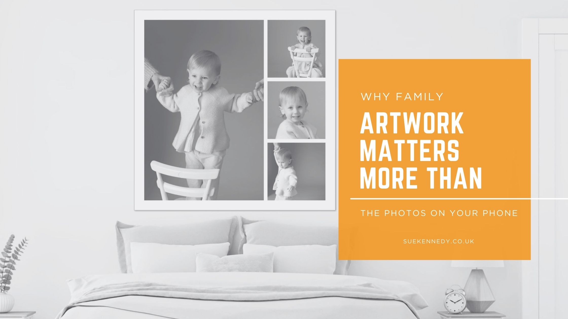 Why family artwork matters more than the photos on your phone Black and white wall artwork featuring a baby learning to stand, displayed above a bed, illustrating why family artwork matters more than digital photos on a phone.